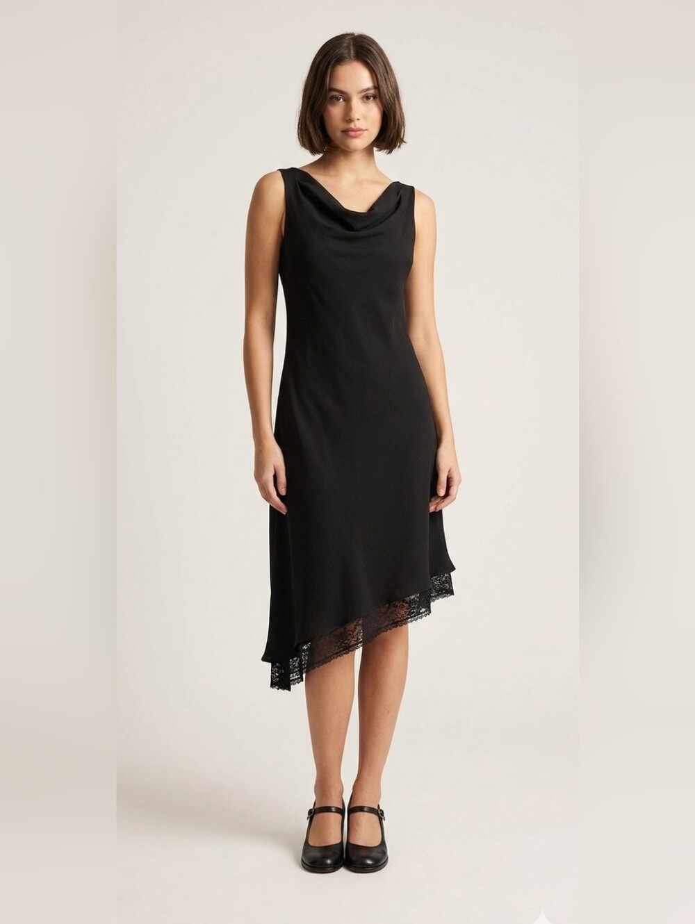 Vintage 90s Jolibel Cowl Neck Black Midi Dress Lace Hem Size 12 Made in Canada